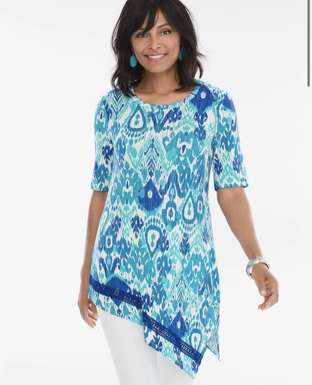 Chicos Artful Ikat Asymmetrical Top Blue Size 2 (Large) NWT